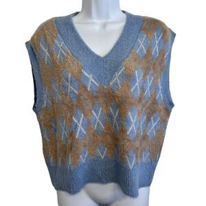 William Rast Argyle Soft Light Blue Tan Preppy Sweater Vest NWOT‎ Size M